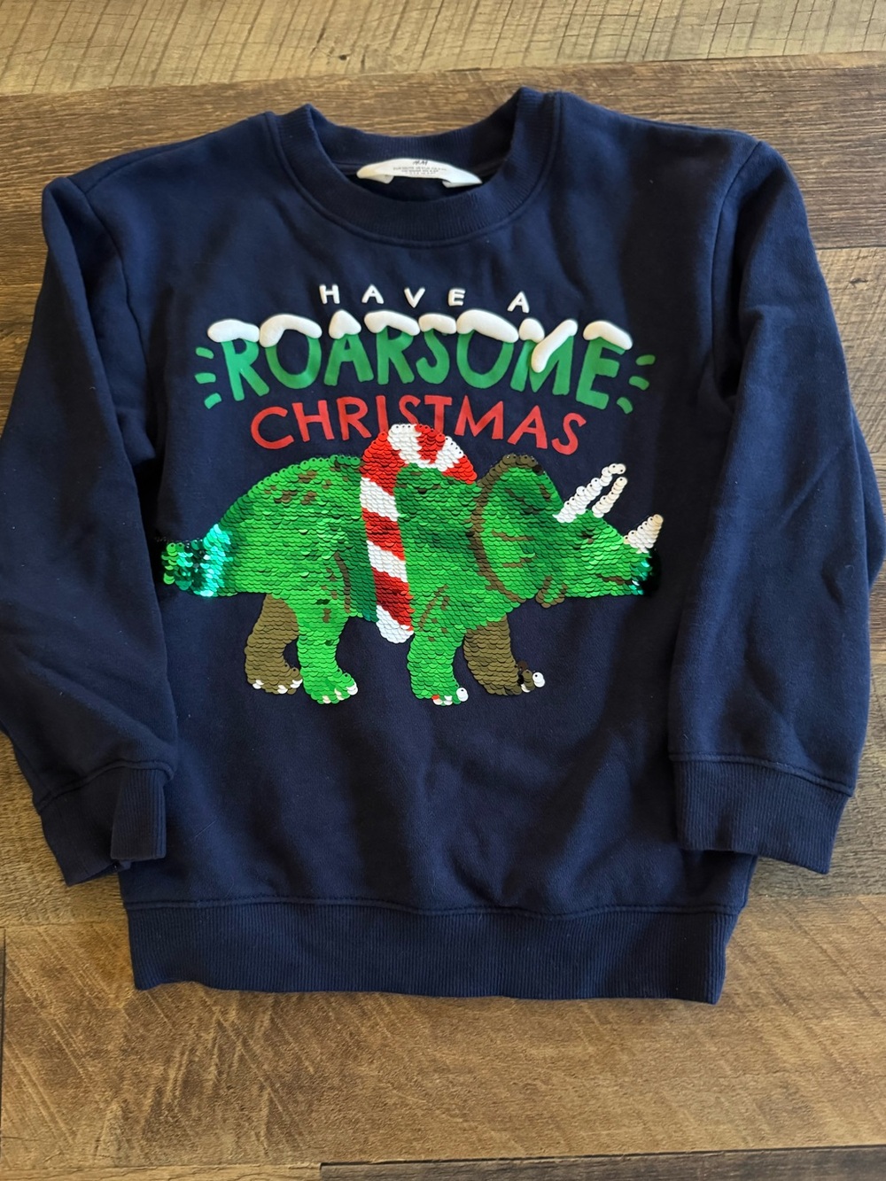 H&M Navy Christmas 'Roarsome' Sequin Triceratops Sweatshirt